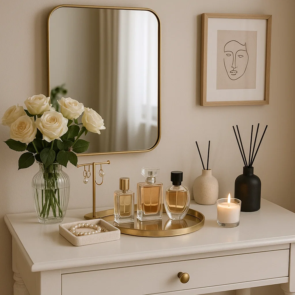 Coiffeuse élégante avec un miroir carré et des roses, des parfums, une bougie et des bijoux en perles sur un plateau doré.