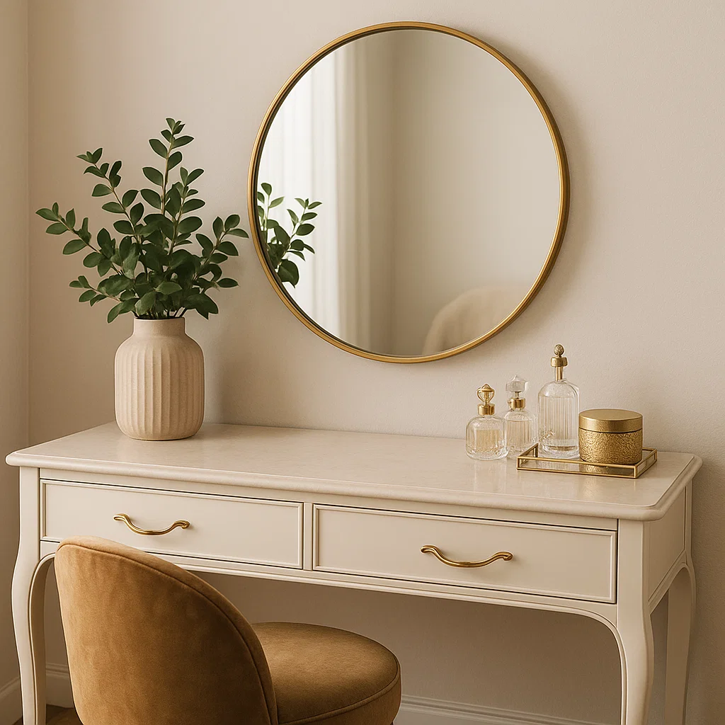 Coiffeuse classique avec un miroir doré et une plante verte à côté de flacons de parfum aux accents dorés.