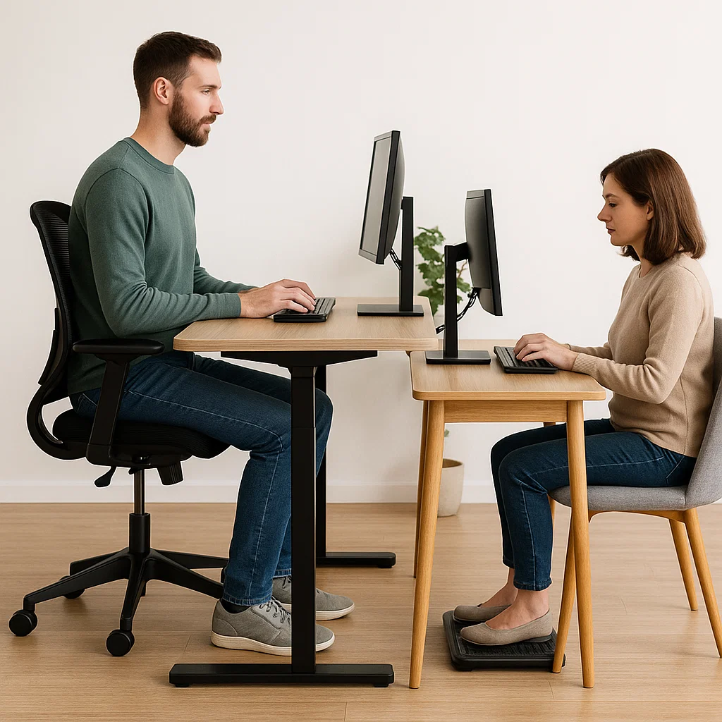 Bureaux en bois réglables pour un espace de travail assis-debout.