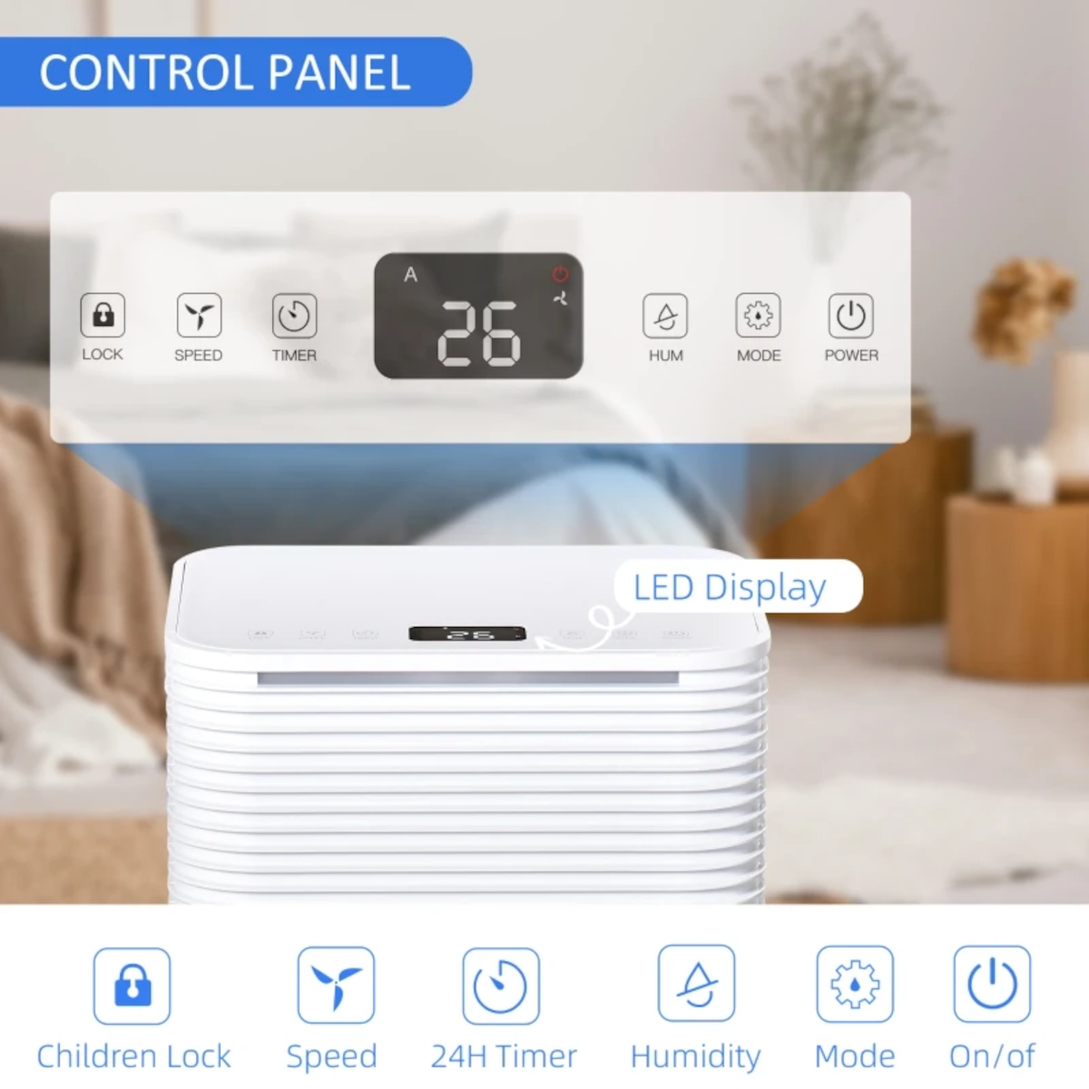 Gros plan du panneau de commande du déshumidificateur HOMCOM avec écran LED affichant les réglages et les fonctionnalités.