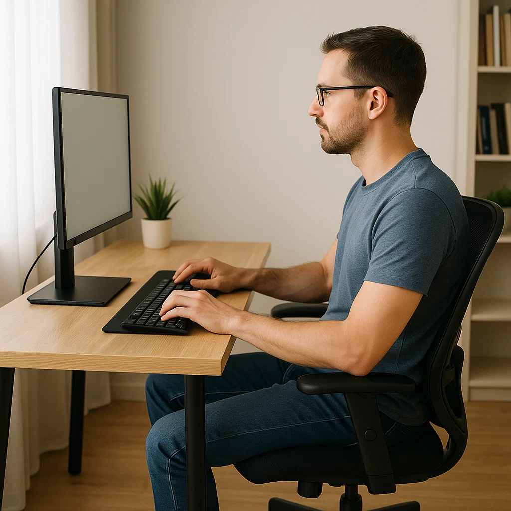 Homme assis à un bureau avec une posture ergonomique correcte.
