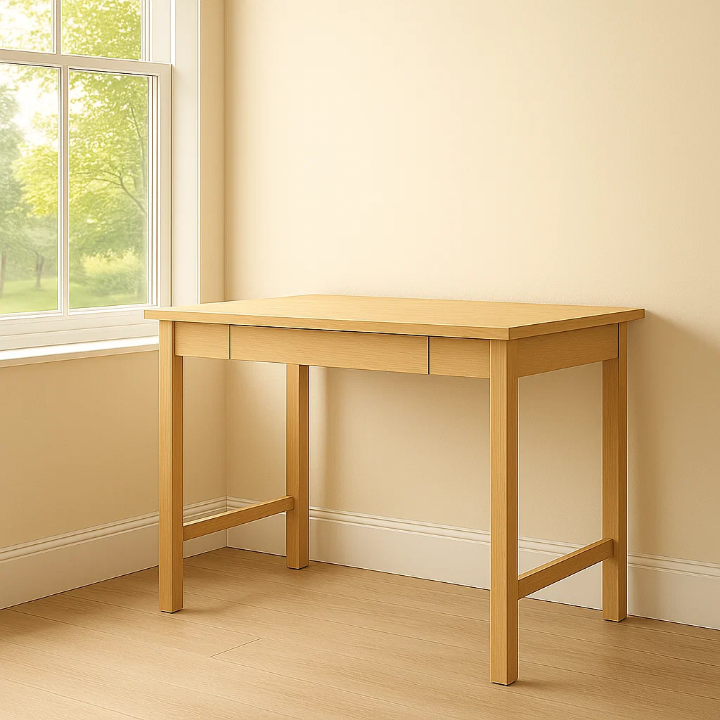 Bureau en bois placé près d'une fenêtre lumineuse pour un éclairage de maquillage naturel.