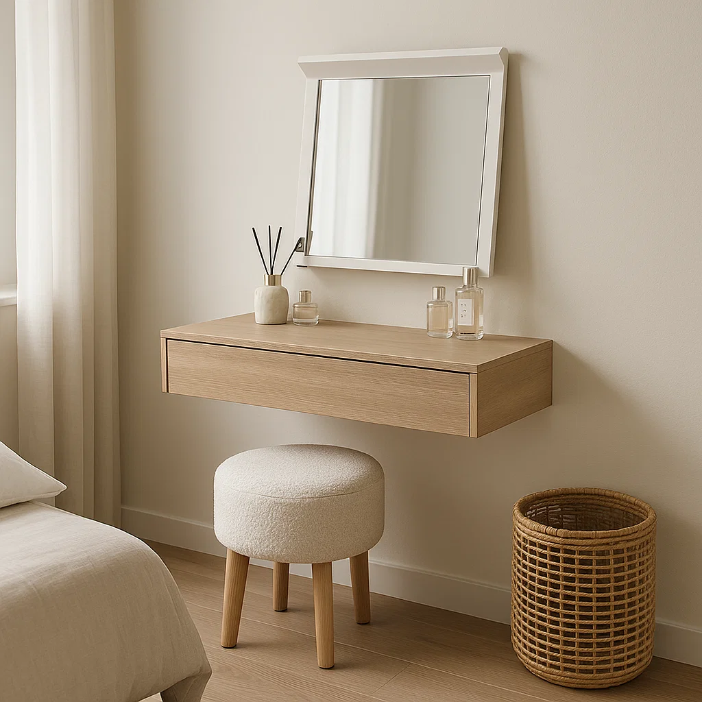 Coiffeuse murale suspendue minimaliste avec miroir, tiroir et tabouret dans une chambre lumineuse.