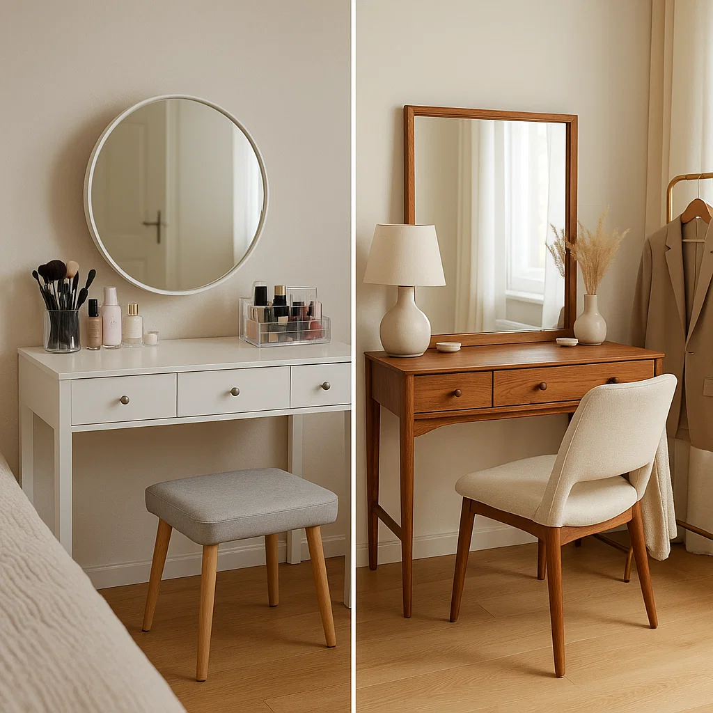 Coiffeuses côte à côte, l'une avec un miroir rond et du maquillage, l'autre avec une lampe et de la décoration.