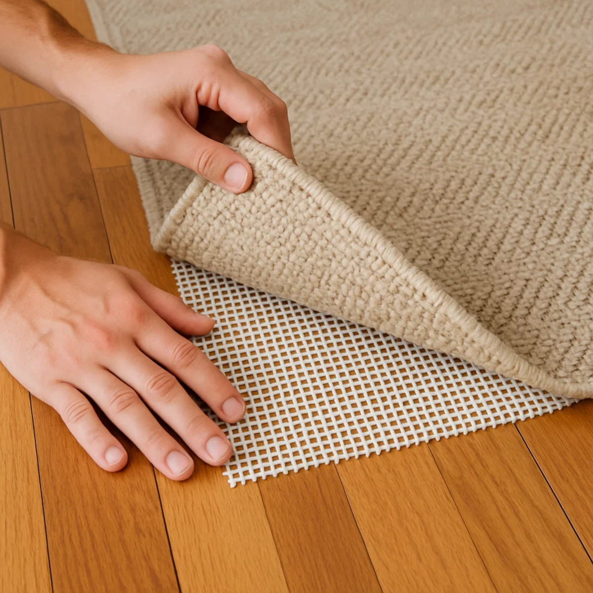 Gros plan d'un tapis soulevé montrant un sous-tapis antidérapant en caoutchouc en dessous, sur un parquet.