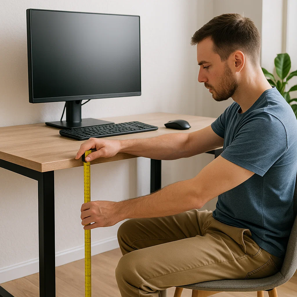 Homme mesurant la hauteur d'un bureau d'ordinateur en bois avec un mètre ruban