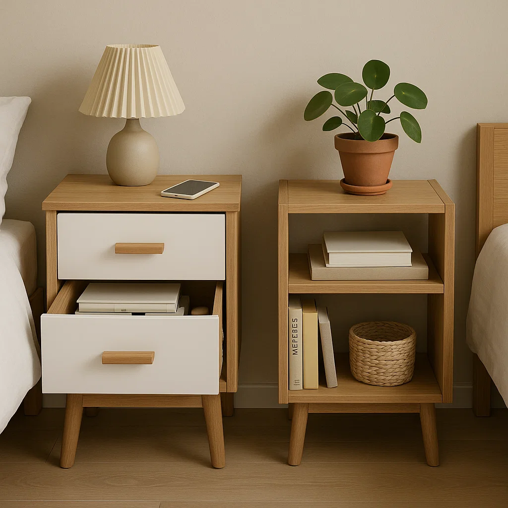 Deux tables de chevet en bois, dont une avec des tiroirs et une étagère ouverte, décorées d'une lampe et d'une plante.