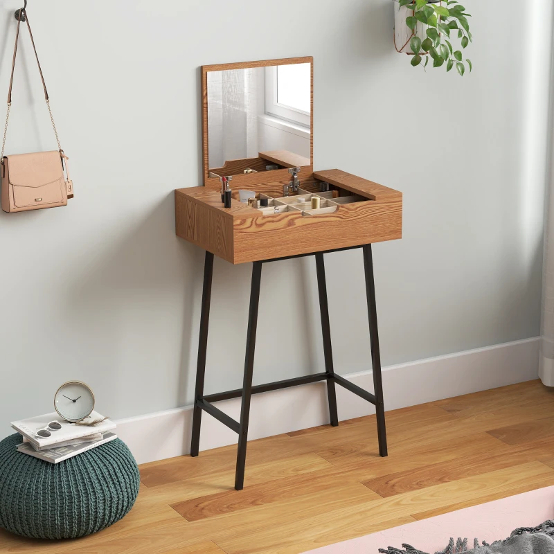 Coiffeuse de style industriel avec structure noire, compartiments de rangement en bois et miroir dans une chambre moderne.
