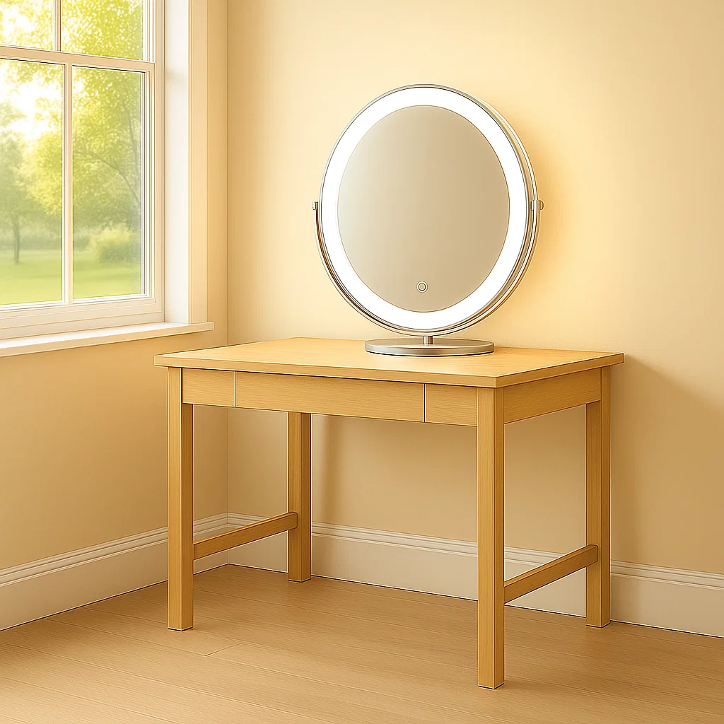 Bureau en bois avec miroir de coiffeuse rond et lumineux pour une application de maquillage nette.