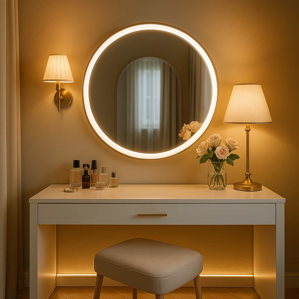 Coiffeuse blanche avec un miroir rond et doré et des roses à côté de pinceaux de maquillage près d'une fenêtre.