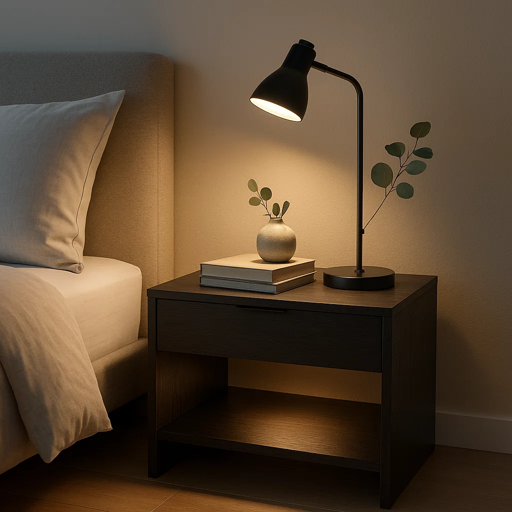 Table de chevet accueillante avec lampe de lecture, livres et petit vase.