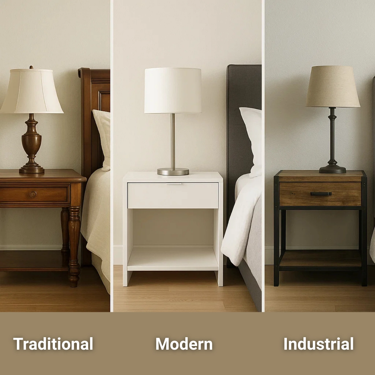 Deux tables de chevet en bois, dont une avec des tiroirs et une étagère ouverte, décorées d'une lampe et d'une plante.