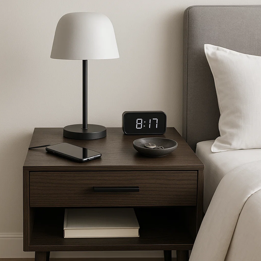 Table de chevet avec lampe, réveil numérique, téléphone et plateau de rangement.