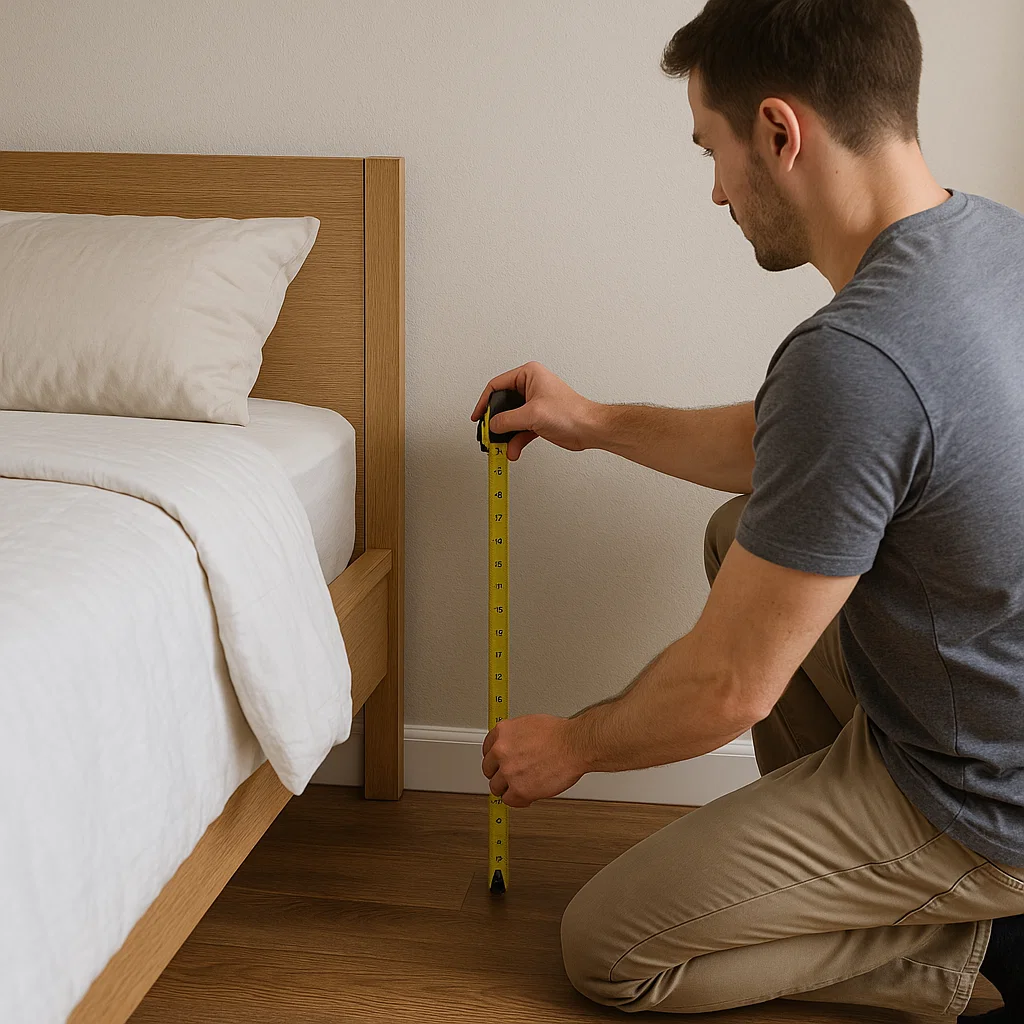 Homme agenouillé avec un mètre ruban vérifiant la hauteur du lit pour choisir la bonne taille de table de chevet.