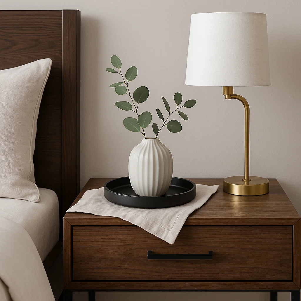 Table de chevet en bois avec lampe, vase en céramique et plateau décoratif.