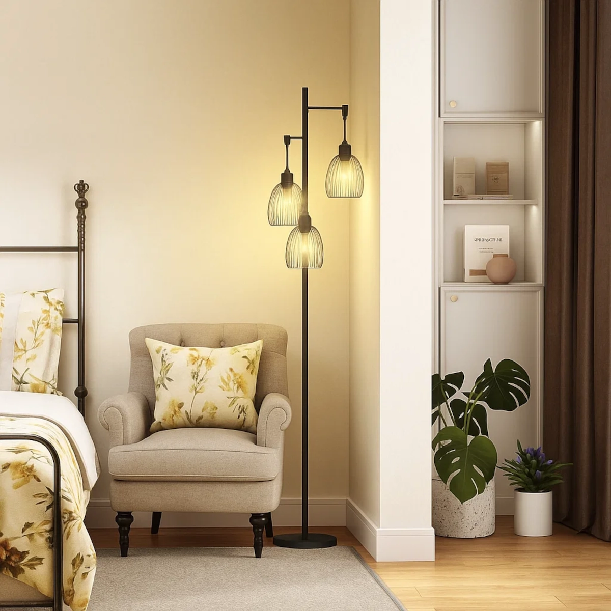 Lampadaire à côté d'un fauteuil beige avec un coussin à fleurs près du lit.