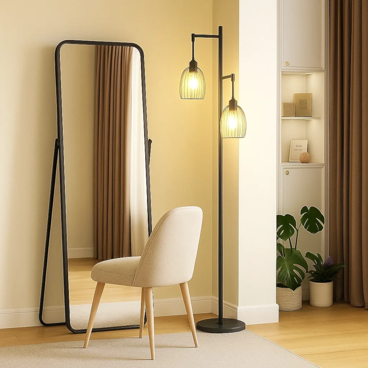 Lampadaire placé à côté d'un grand miroir en pied et d'un fauteuil beige.