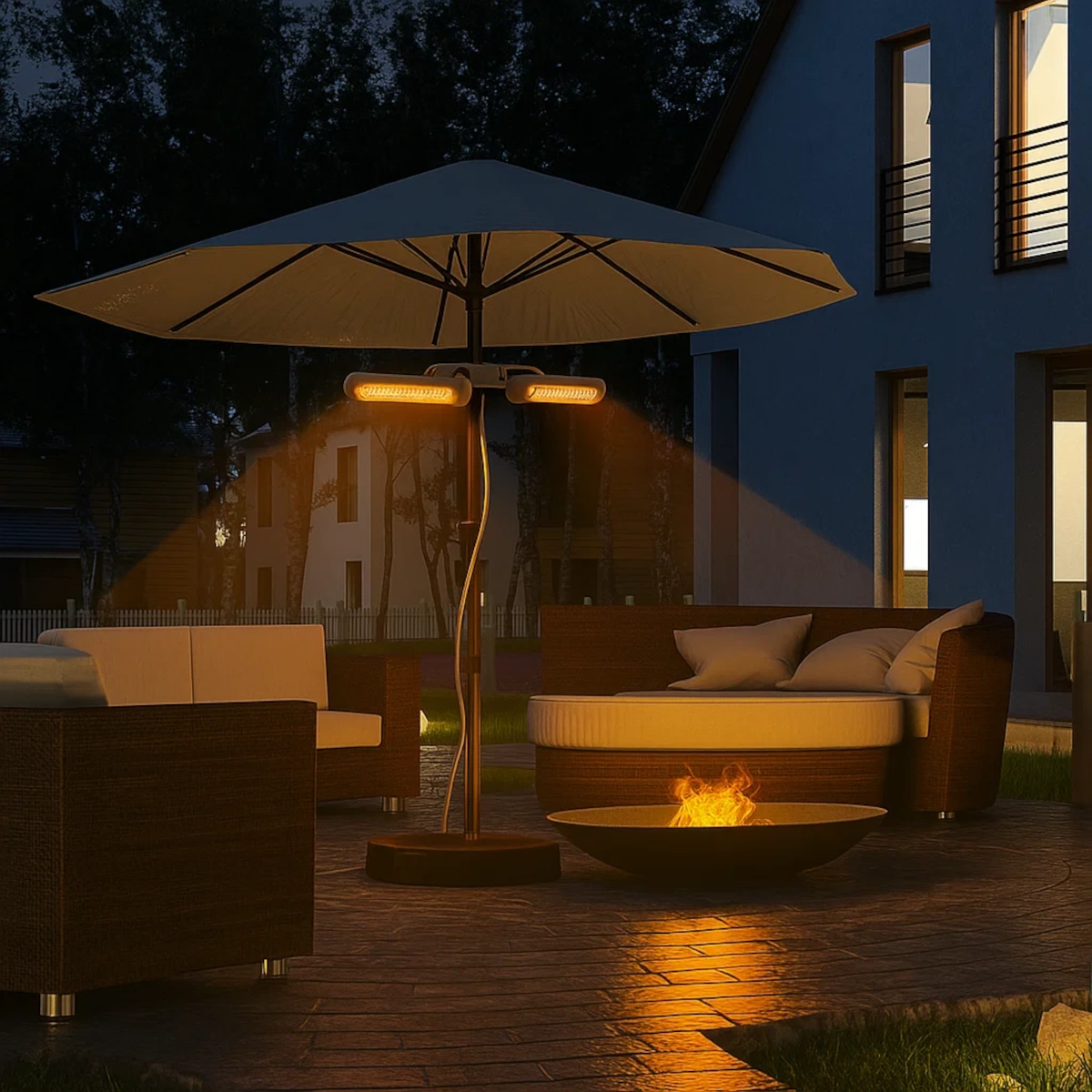 Chauffage de terrasse infrarouge diffusant une lumière chaleureuse sur les places assises sous un parasol, la nuit.