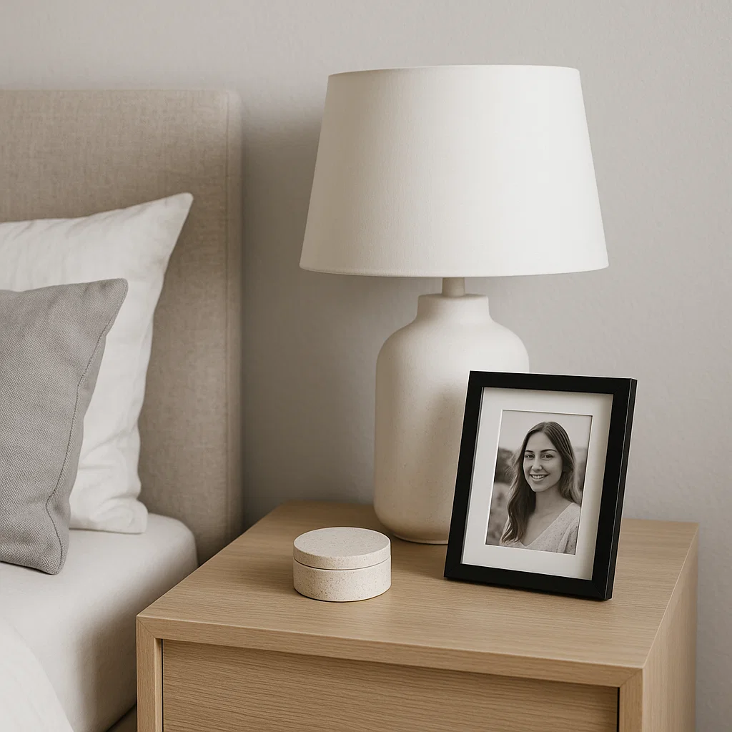Table de chevet avec lampe, photo encadrée, et petite boîte de rangement.
