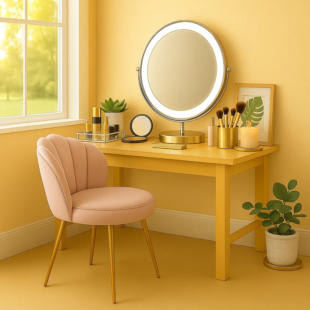 Aménagement de coiffeuse élégant avec des touches dorées, des plantes et des bougies pour un look cosy.