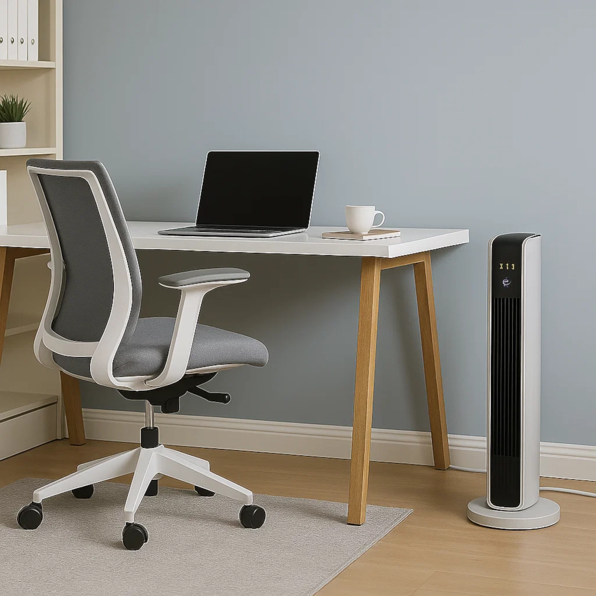 Chauffage d'appoint positionné près du bureau dans le bureau à domicile pour une chaleur ciblée pendant le travail.