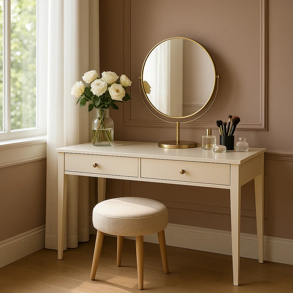Coiffeuse minimaliste avec un miroir rond et des roses dans un décor aux tons neutres.