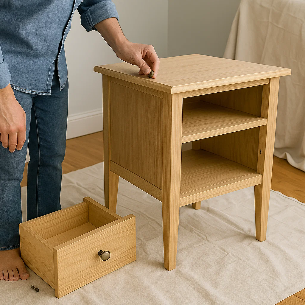 Personne qui retire le tiroir et la quincaillerie d'une table de chevet en bois avant le ponçage et la peinture.