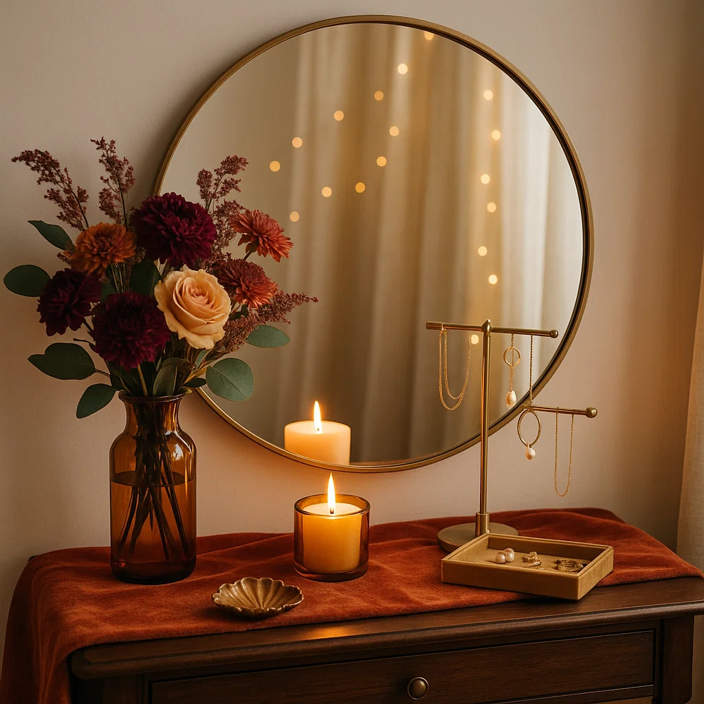 Coiffeuse aux tons chauds avec des fleurs d'automne et des bougies à côté d'un porte-bijoux doré.