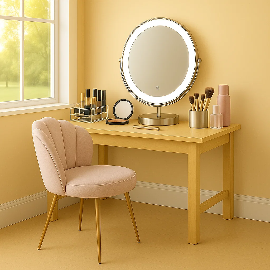 Chaise rose rembourrée associée à une coiffeuse pour des séances de maquillage confortables.