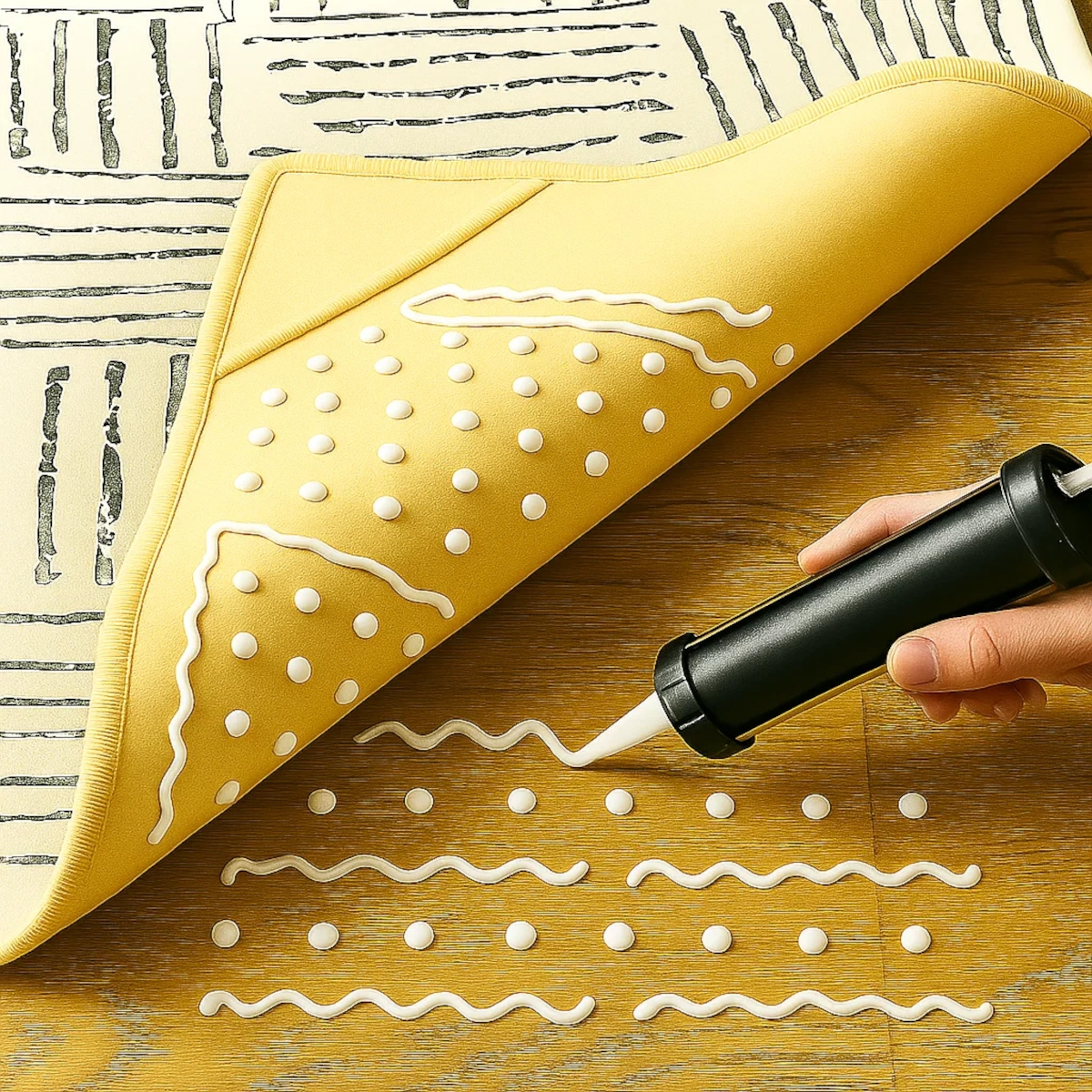 Points et lignes ondulées en silicone appliqués au dos d'un tapis pour une adhérence antidérapante personnalisée.