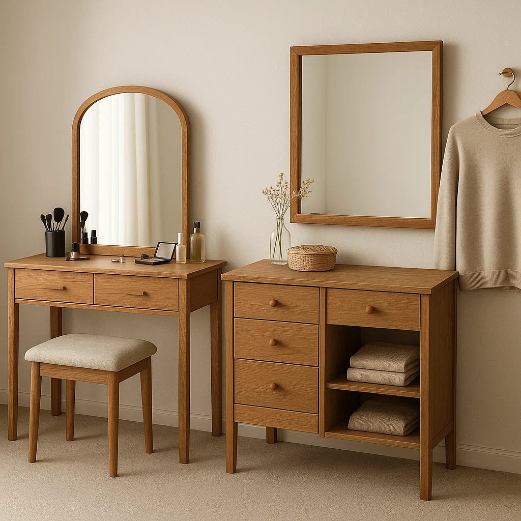 Coiffeuse en bois et meuble de rangement assorti avec des miroirs, des brosses et des serviettes pliées dans une chambre au décor neutre.