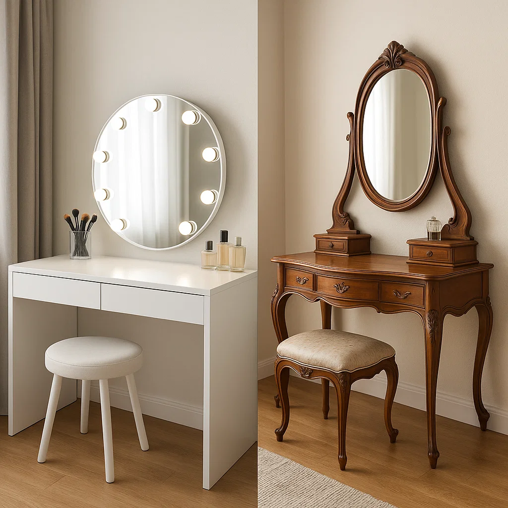 Coiffeuse moderne blanche avec un miroir rond lumineux à côté d'une coiffeuse vintage en bois ornée avec un miroir ovale.