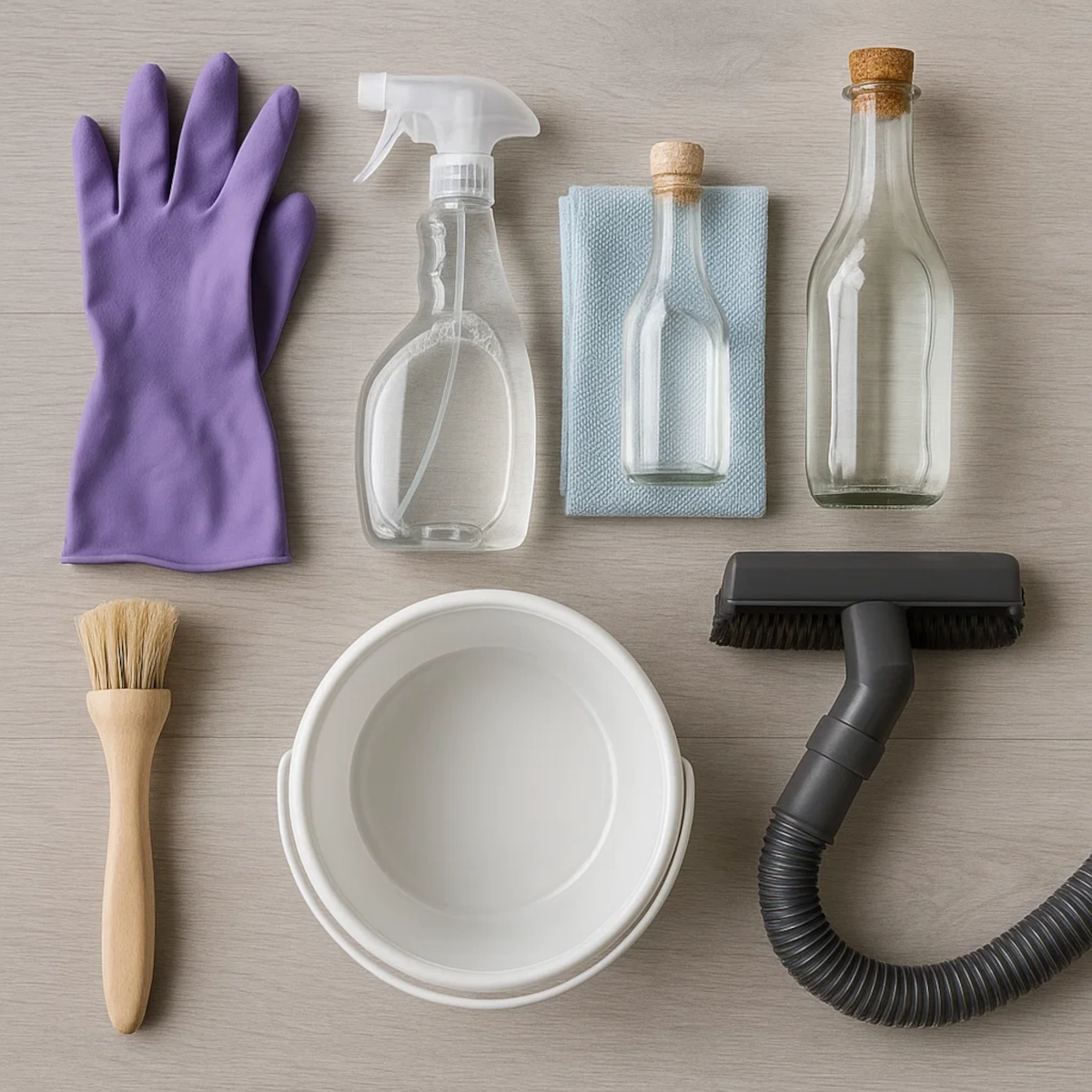 Gants, vaporisateur, chiffon, brosse et outils de nettoyage.