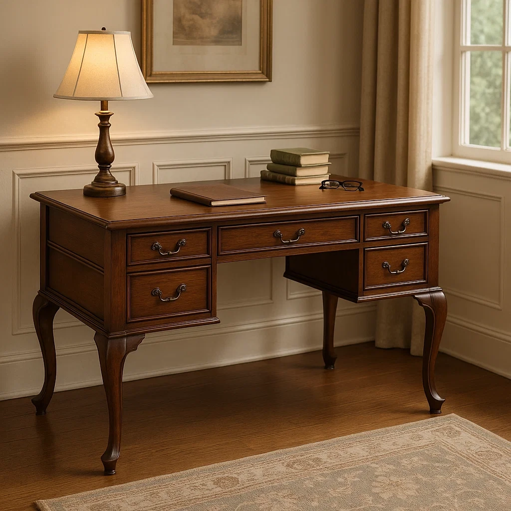 Bureau en bois classique avec tiroirs, lampe et livres.