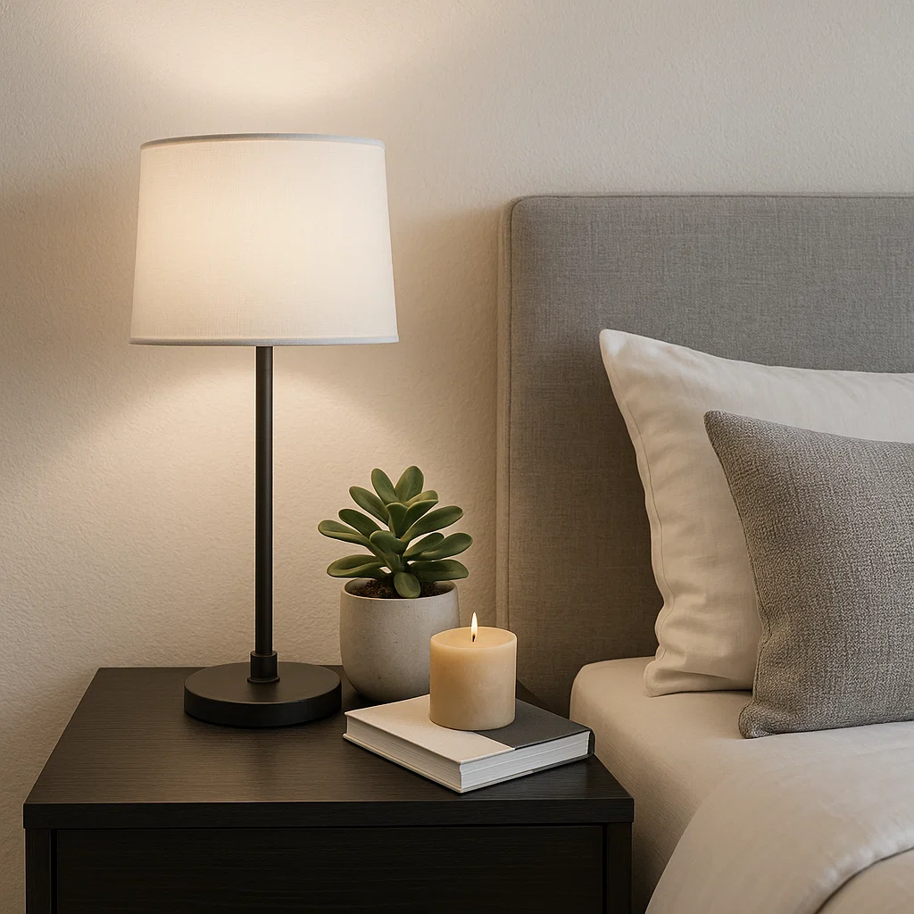Table de chevet sombre avec une lampe, une bougie, une succulente et un livre.