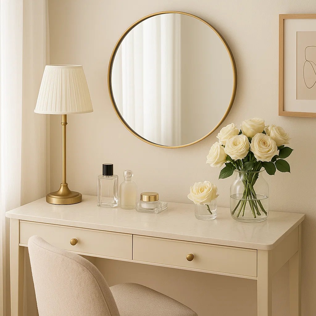 Coiffeuse minimaliste avec un miroir rond et doré et une lampe à côté d'un vase de roses blanches.