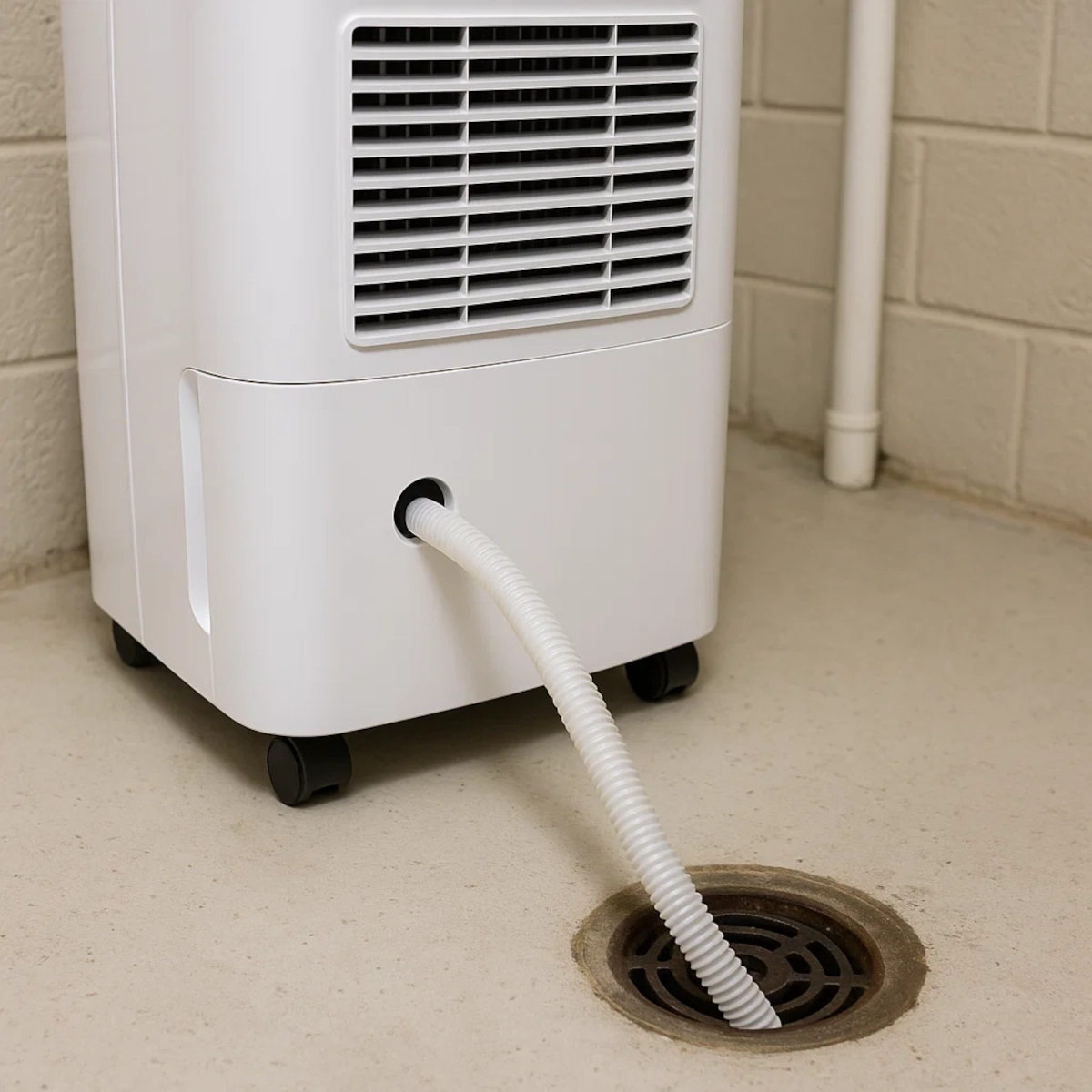 Déshumidificateur HOMCOM avec tuyau de drainage raccordé à un siphon de sol dans un local technique.