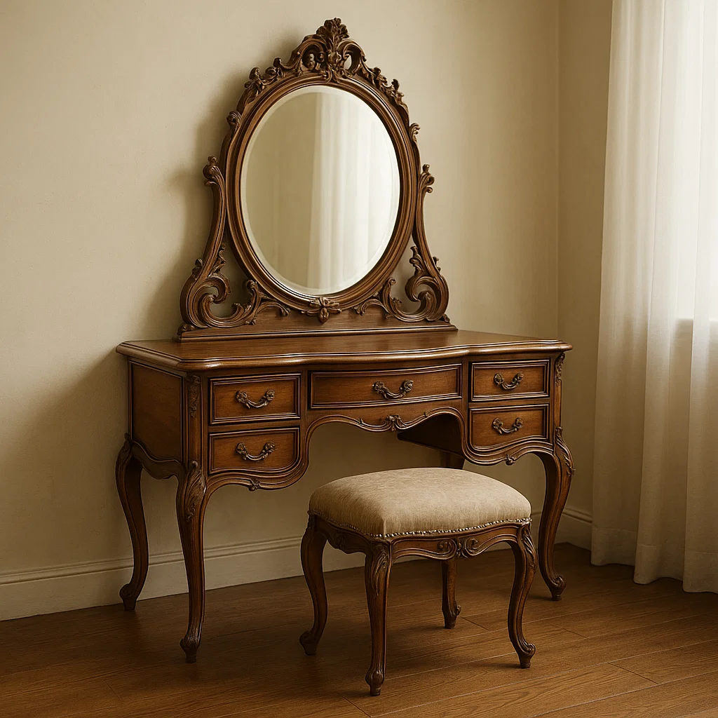 Élégante coiffeuse vintage en bois richement sculpté, avec un miroir ovale et un tabouret rembourré dans une chambre classique.