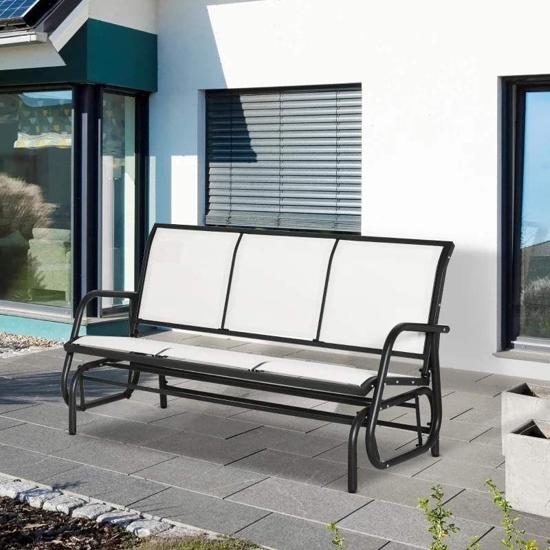 Three-seat outdoor glider chair with durable frame, perfect for backyard lounging.