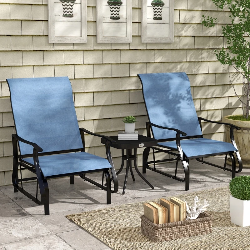 Comfortable three-piece gliding rocking chair set for outdoor relaxation and enjoyment.