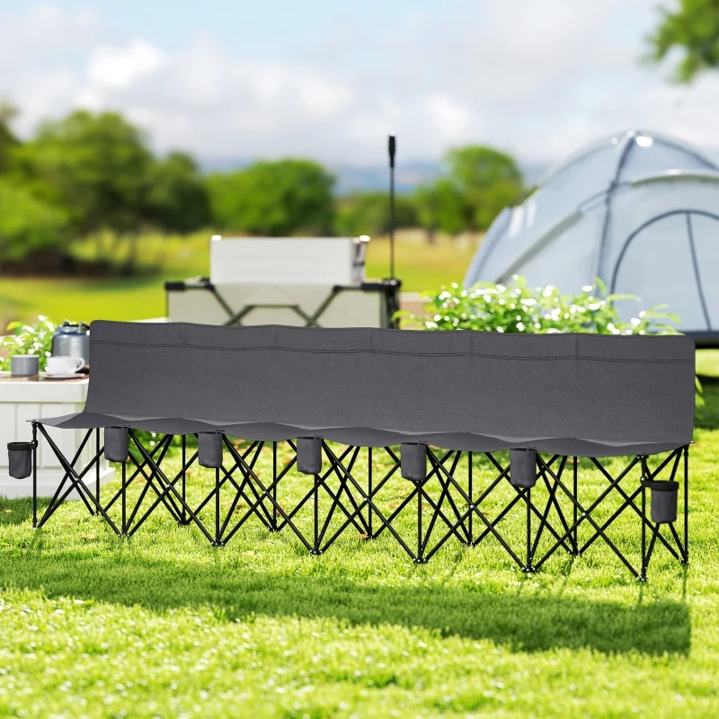 Siège de camping pliant pour six personnes avec porte-gobelets intégrés, idéal pour l'assise en plein air en groupe.