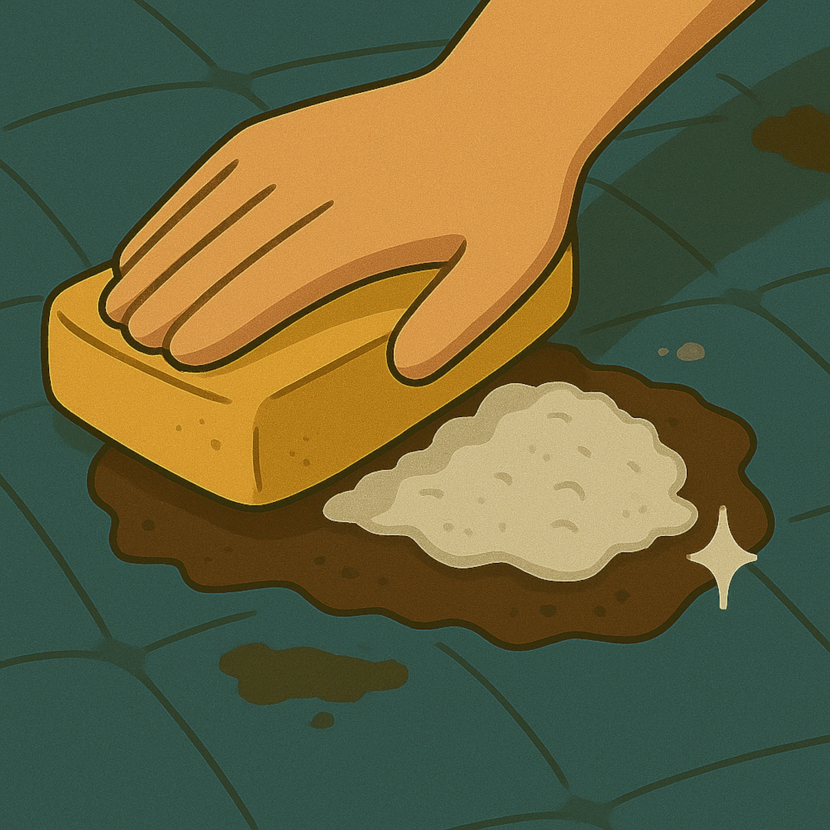 Main frottant une tache brune sur un matelas gonflable avec une éponge et un mousse nettoyante.