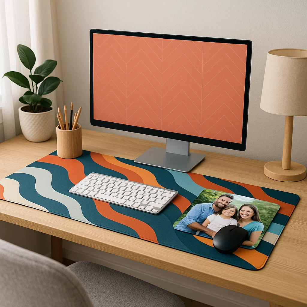 Tapis de souris coloré avec une photo de famille à côté d'un moniteur de bureau et d'un clavier