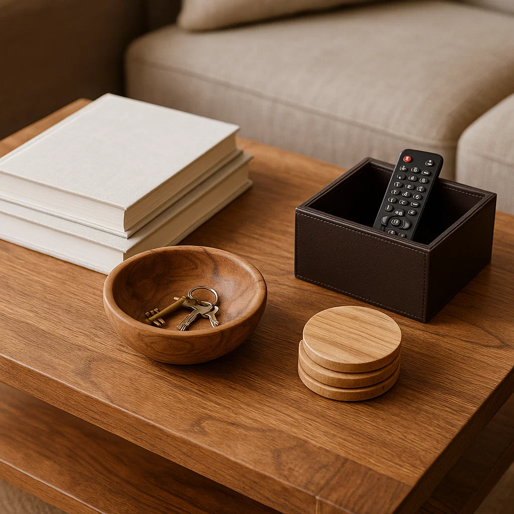 Bol en bois avec des clés et une télécommande placés sur une table basse en bois.