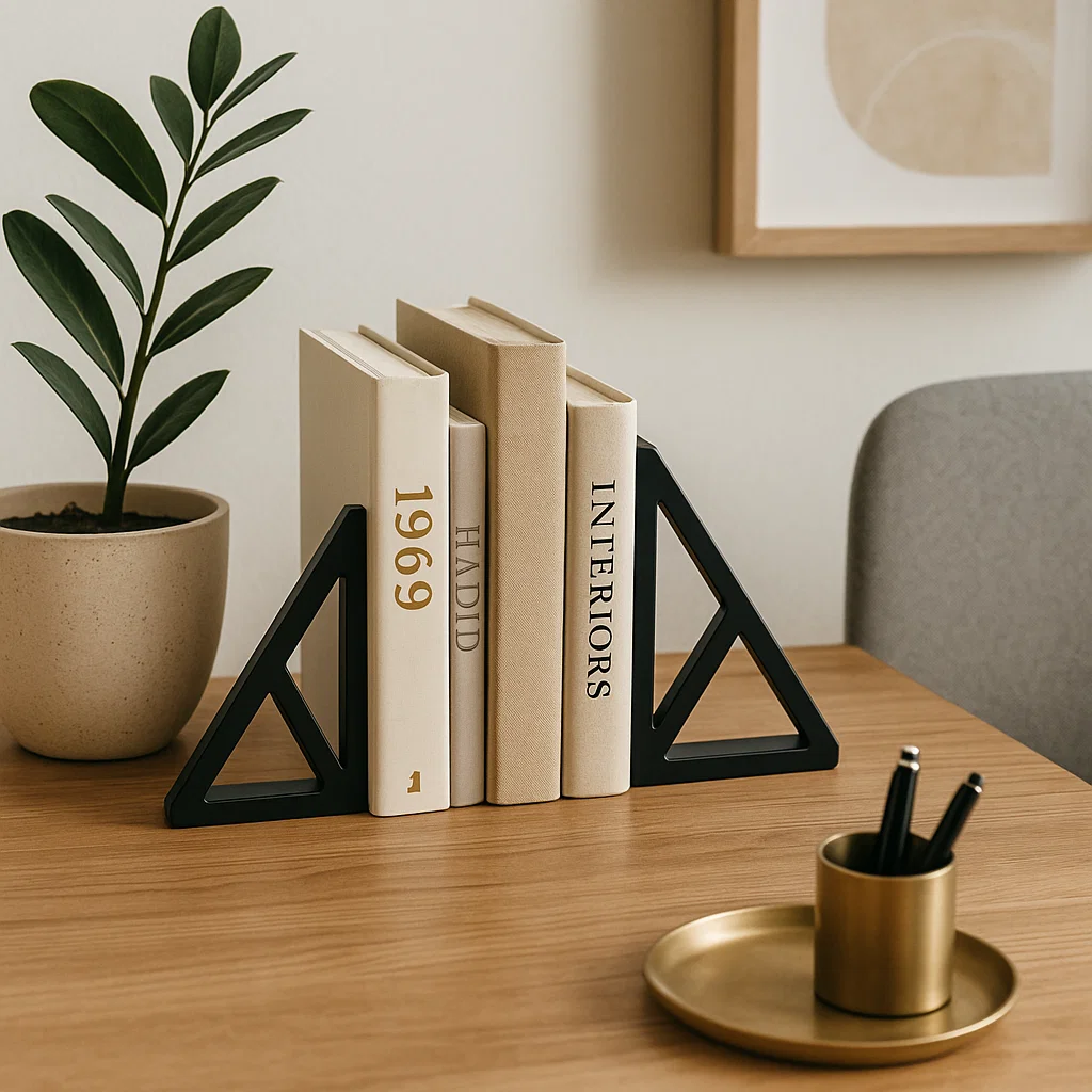 Livres maintenus par des supports de livres géométriques noirs sur un bureau en bois avec des accessoires dorés
