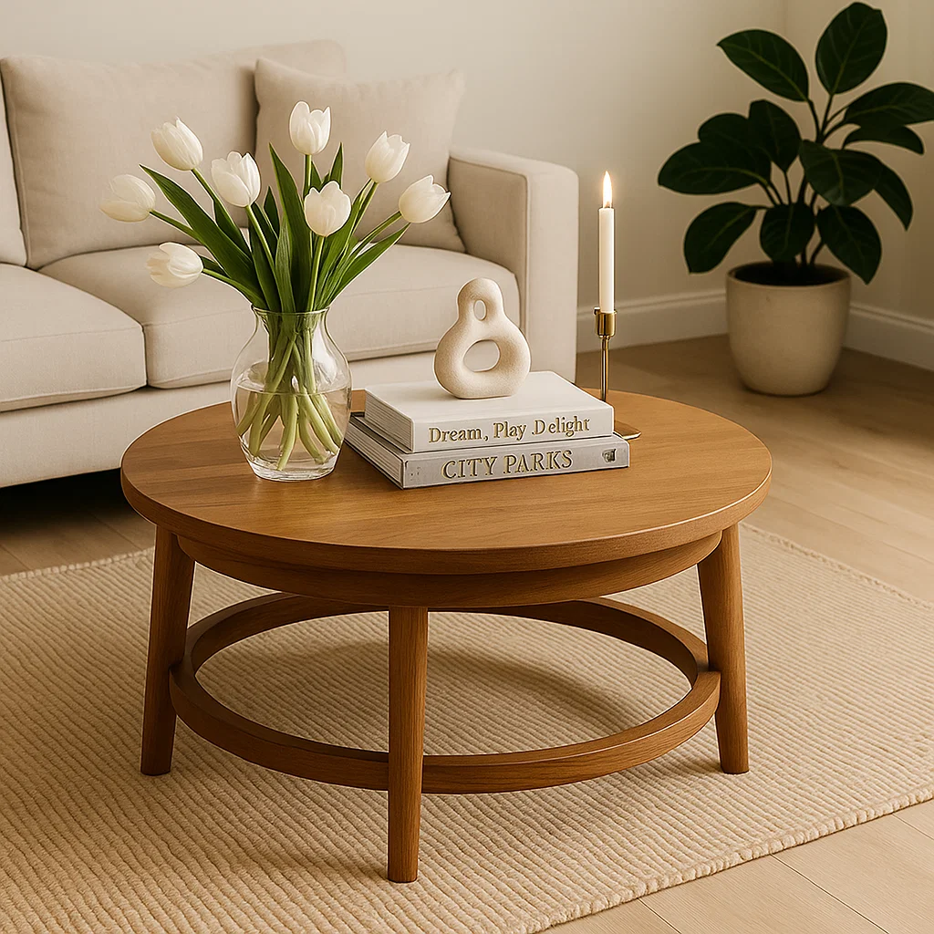 Vase élégant avec des tulipes et une sculpture moderne sur une table basse ronde.