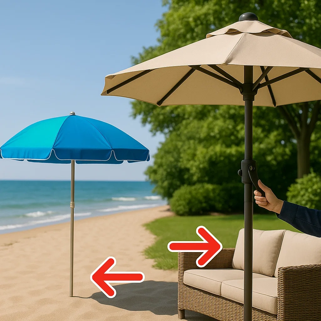 Parasol de terrasse avec manivelle et parasol de plage sur le sable, montrant les options de personnalisation de l'ombre.