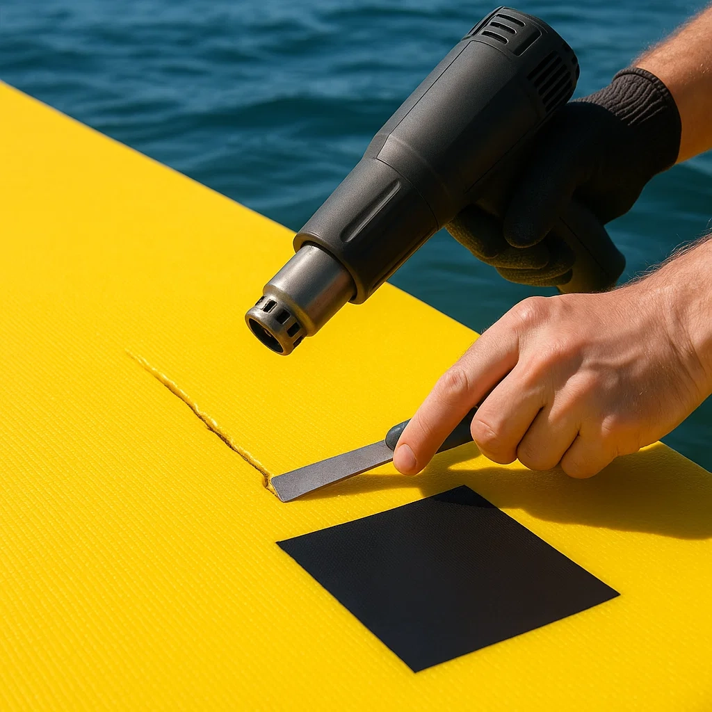 Pistolet thermique utilisé sur un tapis en vinyle pour une application de patch lisse lors de la réparation.