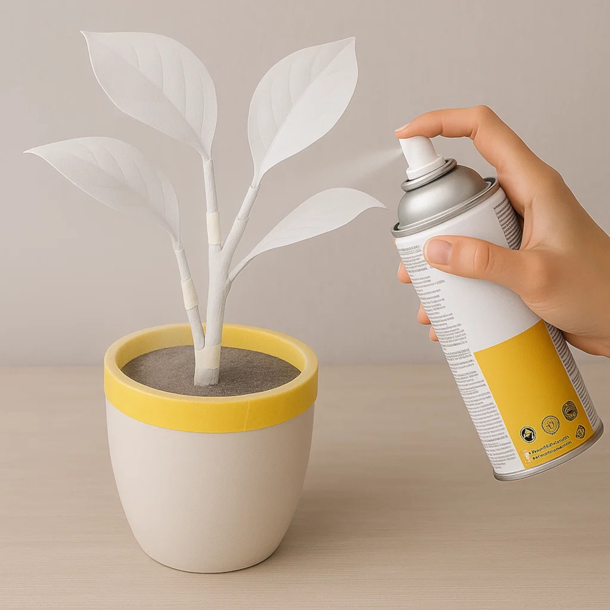 Application de primaire blanc en aérosol sur les feuilles d'une plante artificielle dans un pot avec un ruban adhésif jaune.