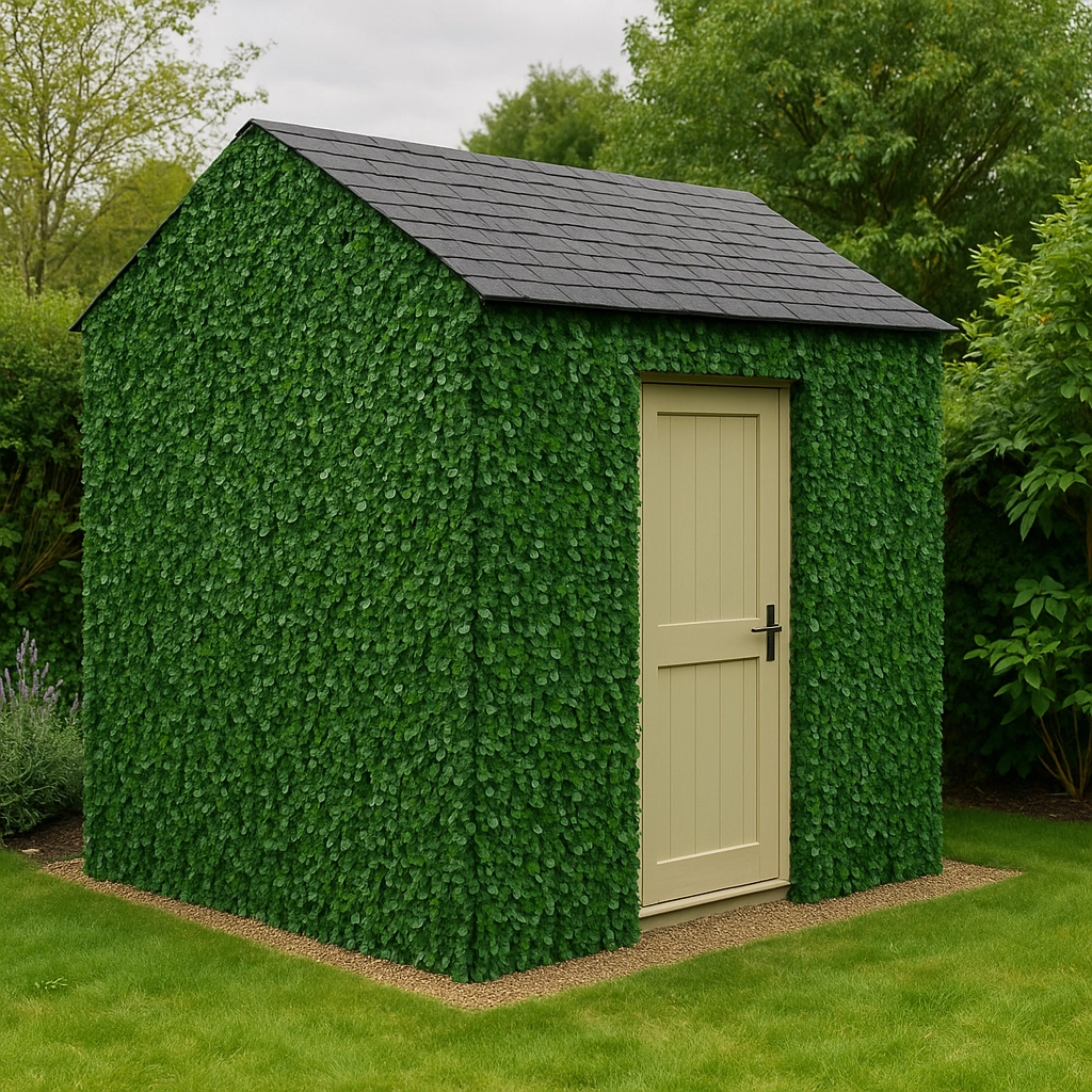 Green shed covered with artificial foliage, blending with surrounding garden landscape.